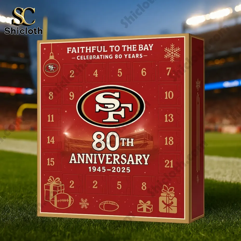 San Francisco 49ers 80th Anniversary 2025 Advent Calendar 3 A San Francisco 49ers 80th Anniversary Advent Calendar displayed on a football field.