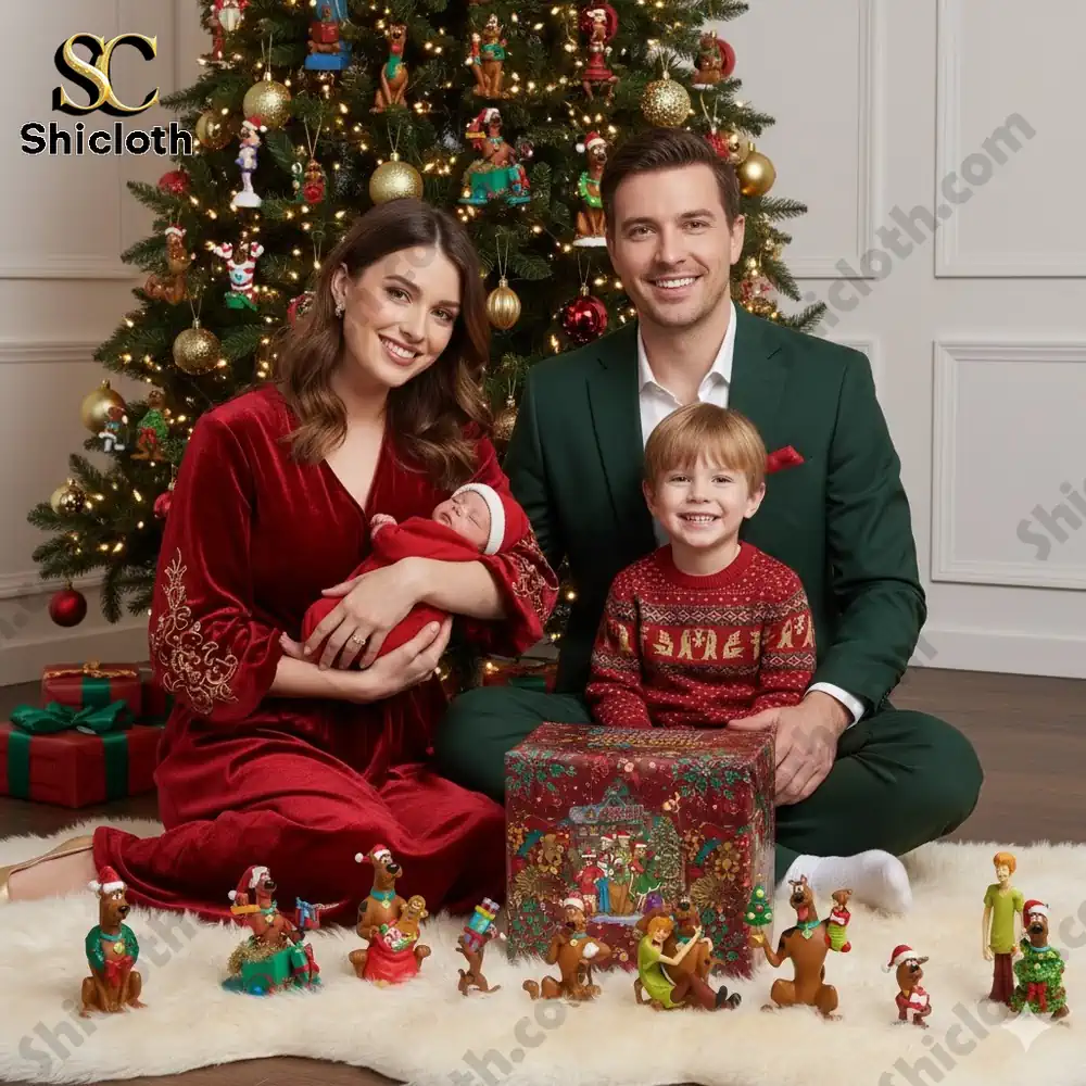 A family sits by a Christmas tree with a Scooby Doo advent calendar and small figurines displayed in front!