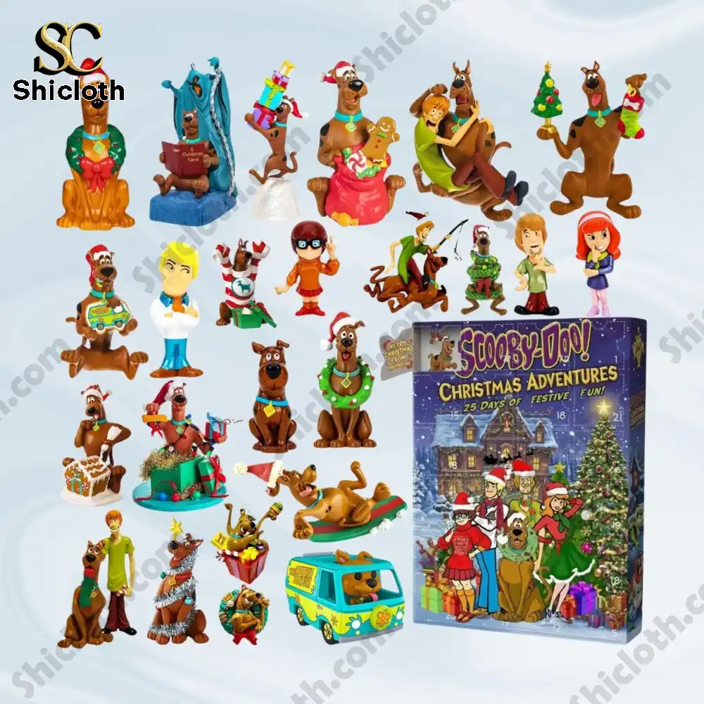 Scoobydoo Christmas Advent Calendar 2025 25 Days Of Festive Fun 3 Collection of Scooby Doo Christmas figurines with the 25 day advent calendar box displayed beside them!