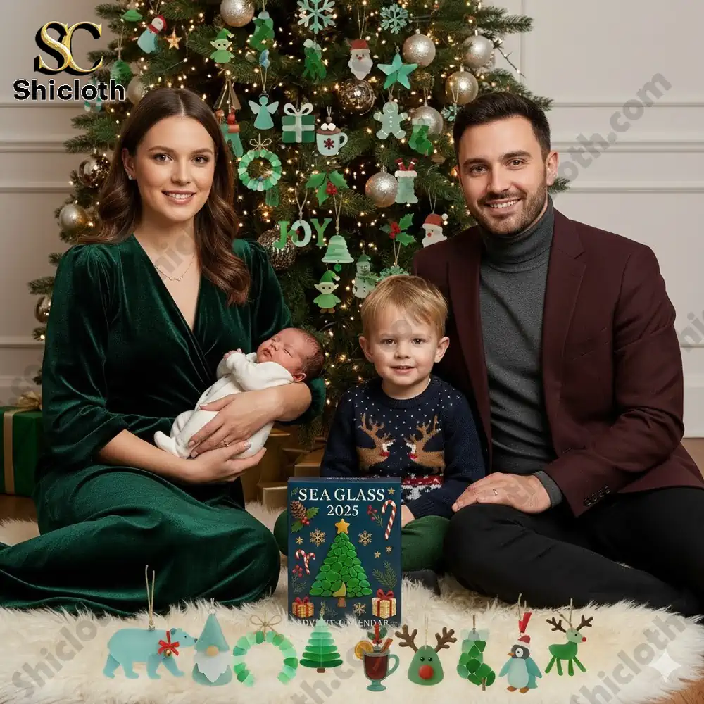 A family sitting by a Christmas tree with the Sea Glass 2025 Advent Calendar and ornaments displayed in front.