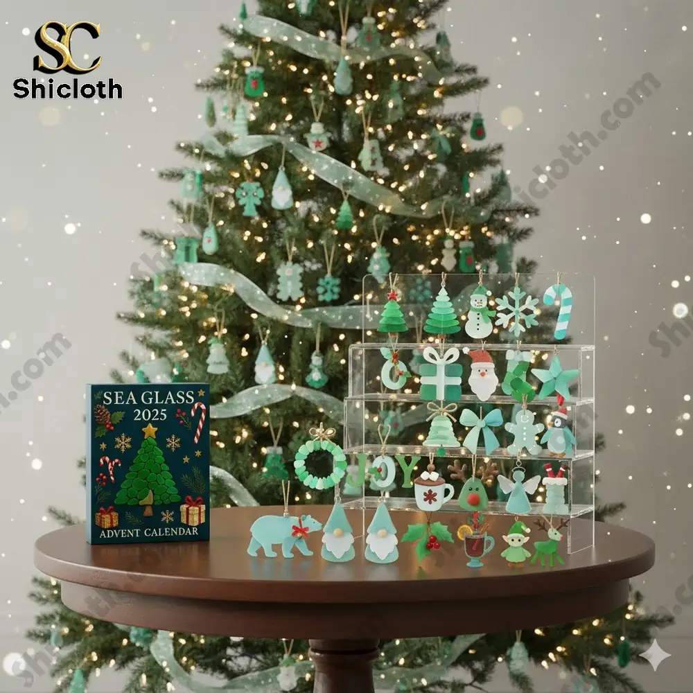 A Christmas tree decorated with sea glass ornaments and the Sea Glass 2025 Advent Calendar displayed on a table.