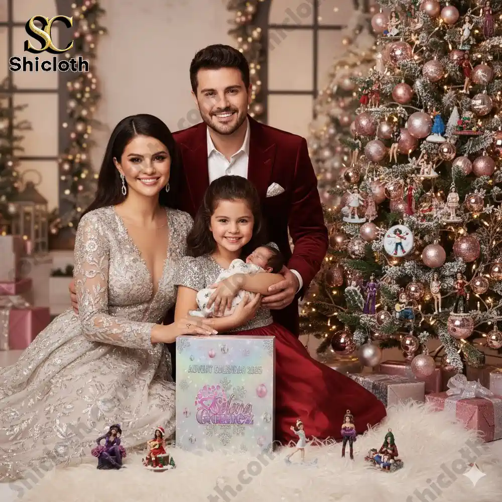 A family poses by a Christmas tree with the Selena Gomez Advent Calendar 2025 and themed figurines on display!