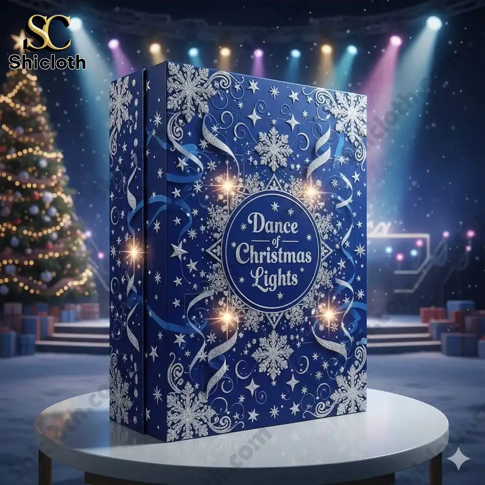 Shakira Dance Of Christmas Lights Advent Calendar 2025 3 A close up of the Shicloth Dance of Christmas Lights blue box surrounded by festive stage lights and Christmas decorations!