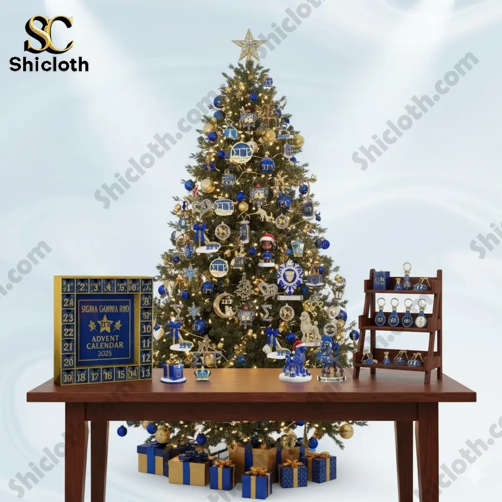 Christmas tree decorated in blue and gold Sigma Gamma Rho theme with an Advent calendar and gifts on a table!