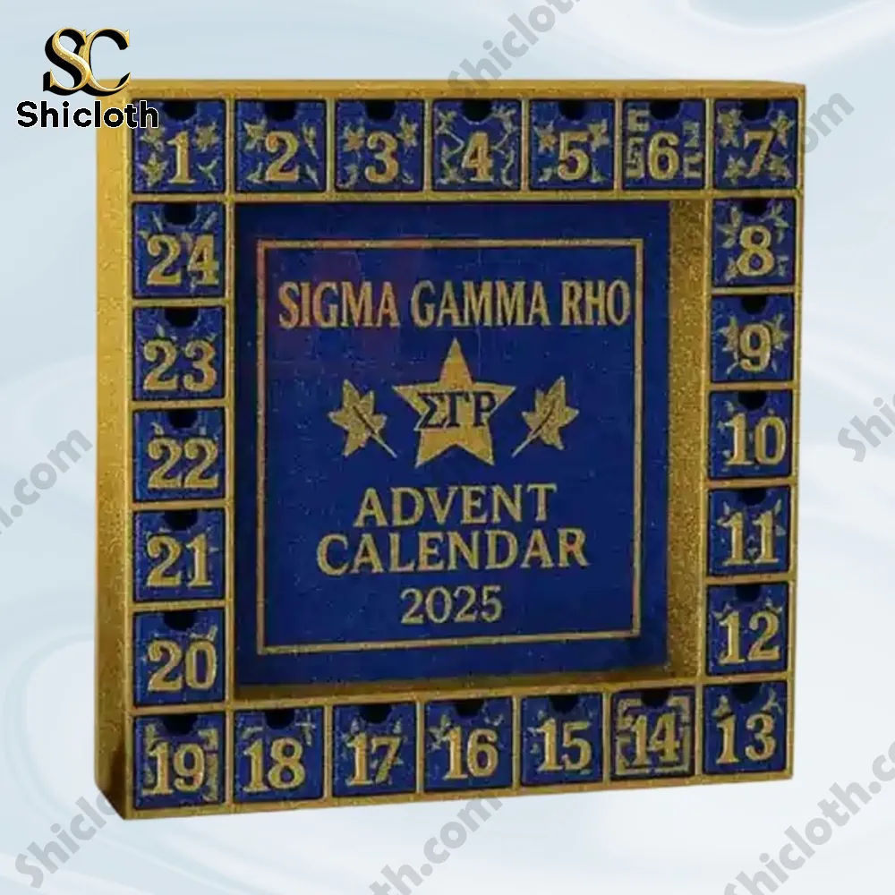Blue and gold Sigma Gamma Rho 2025 Advent calendar box with numbered doors!