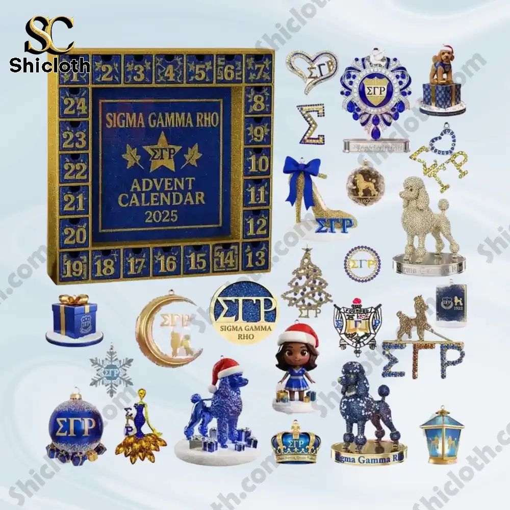 Sigma Gamma Rho Advent Calendar 2025 3 Sigma Gamma Rho 2025 Advent calendar with various blue and gold ornaments and figurines!