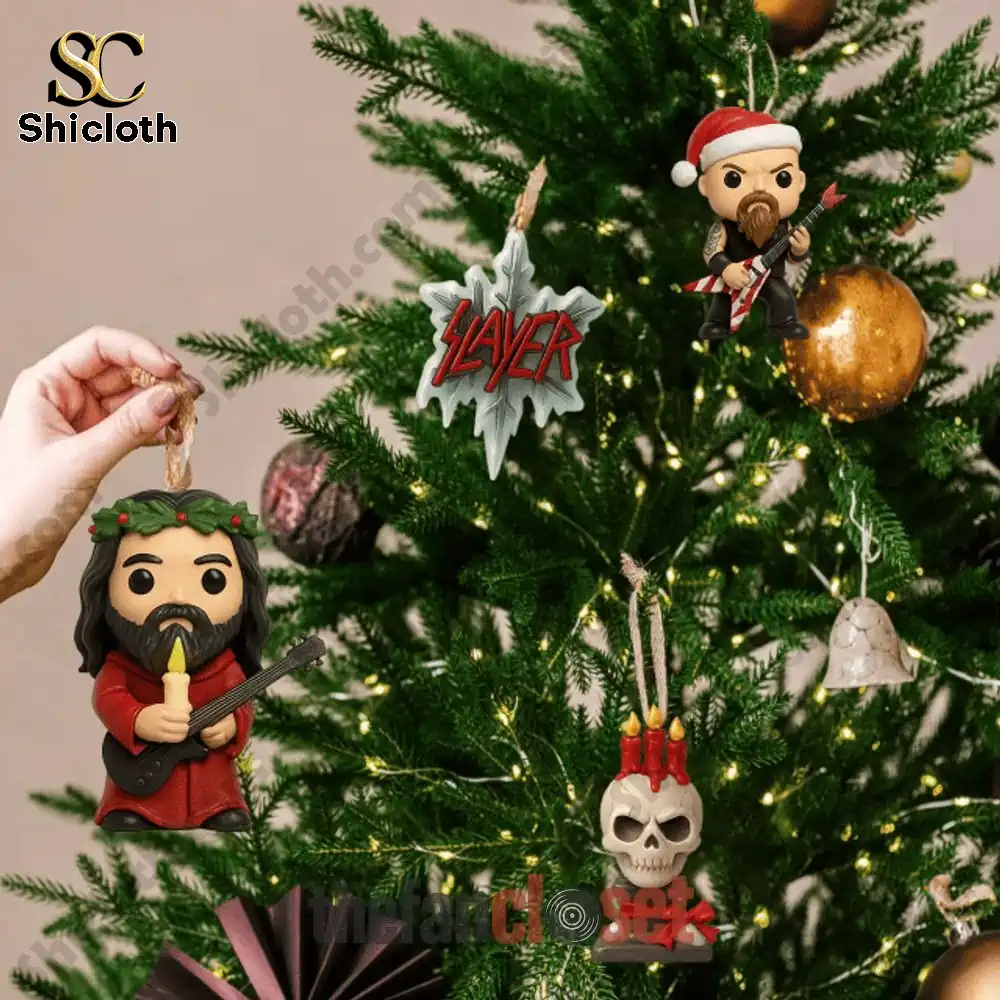 Slayer Metal Band South Of Heaven Christmas Advent Calendar 2025 4 Hand hanging Slayer ornaments from Shicloth Advent Calendar 2025 on Christmas tree.