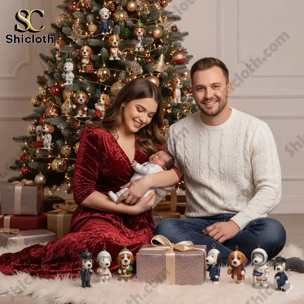 A happy family sits by a Christmas tree decorated with Beagle ornaments and small figurines displayed in front!