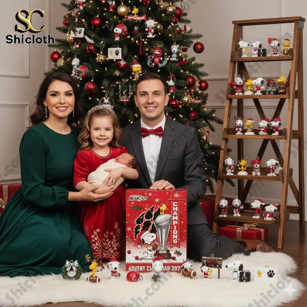Family celebrating Christmas with Cincinnati Bearcats Snoopy Advent Calendar 2025 by Shicloth!