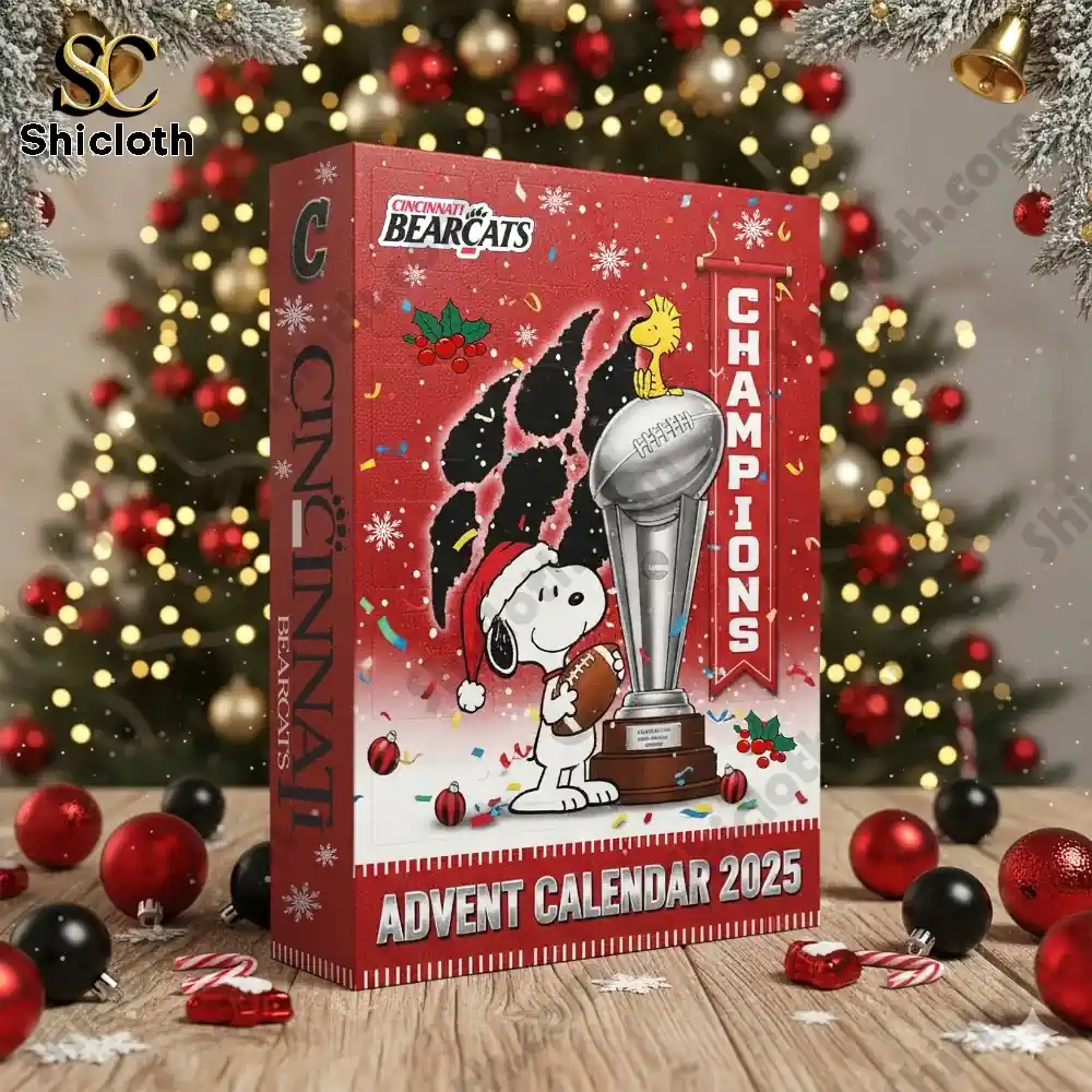Cincinnati Bearcats Advent Calendar 2025 featuring Snoopy and Woodstock with a football trophy and Christmas background!