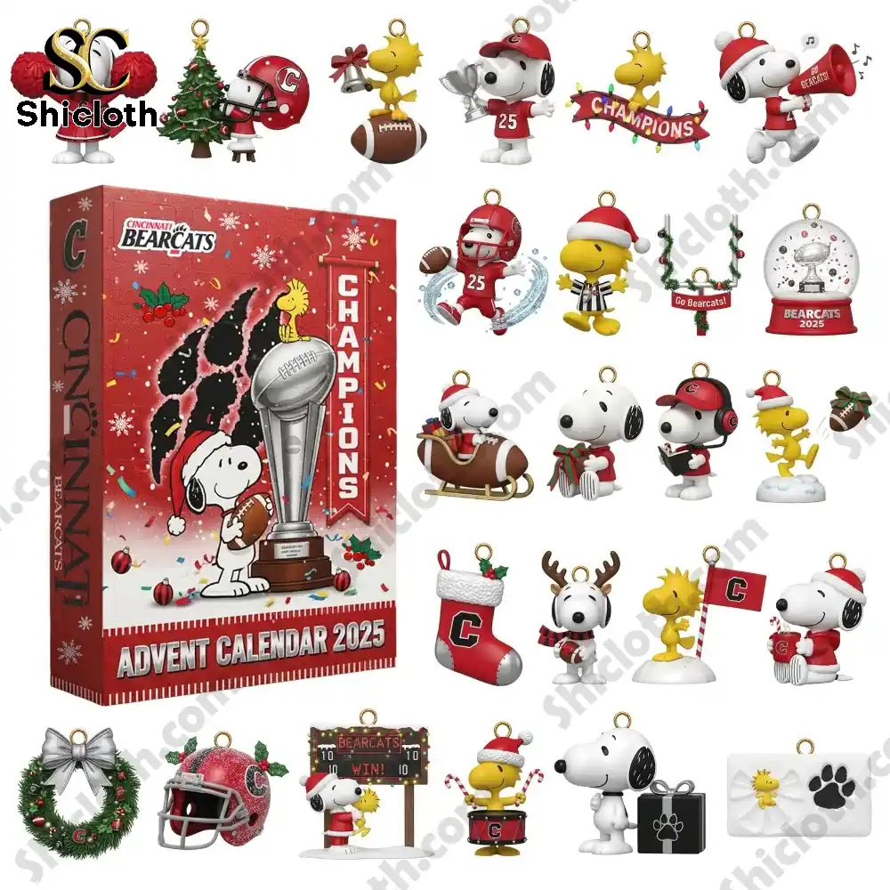 Complete set of Cincinnati Bearcats Advent Calendar 2025 with Snoopy and Woodstock collectible ornaments by Shicloth!