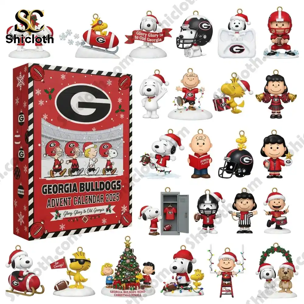 Georgia Bulldogs Advent Calendar 2025 with Snoopy and Peanuts football-themed ornaments by Shicloth!