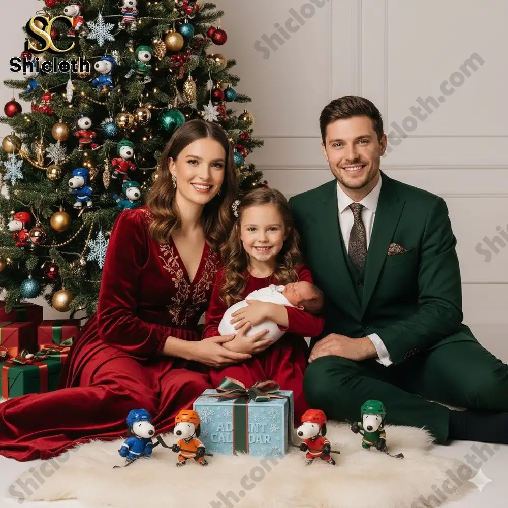 A smiling family poses by a Christmas tree with the Snoopy Hockey Advent Calendar 2025 box and small Snoopy hockey figures!