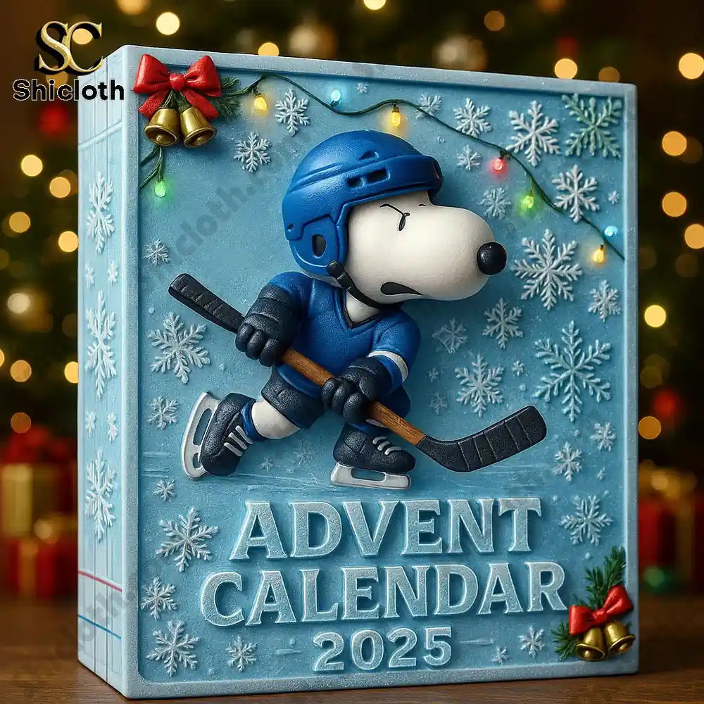 Close up of the Snoopy Hockey Advent Calendar 2025 box with blue snowflake design and Snoopy skating in hockey gear!