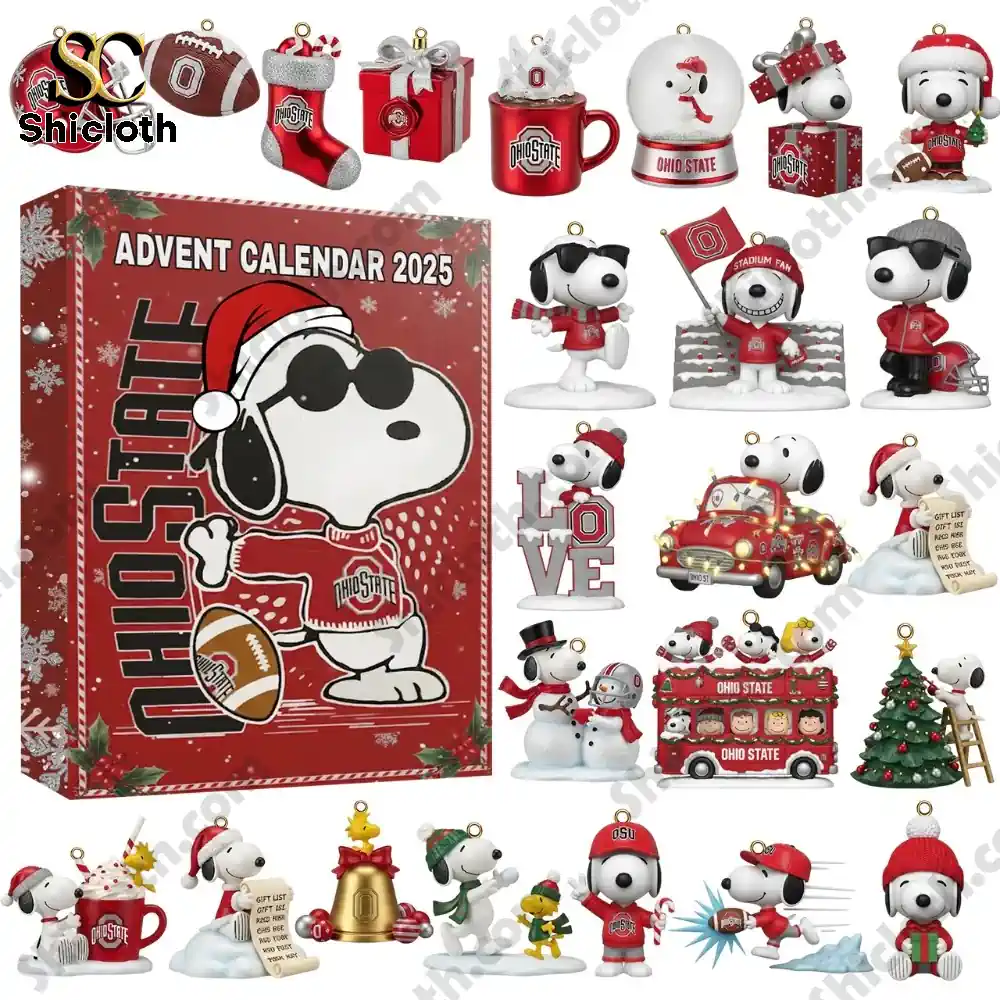 Complete set of Snoopy figurines and ornaments from the Ohio State 2025 Advent Calendar displayed with the box!