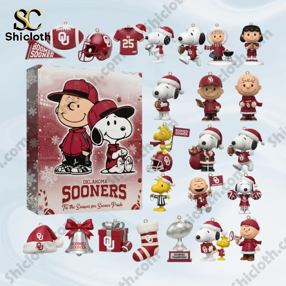 Oklahoma Sooners Snoopy advent calendar set with multiple character figurines and ornaments.