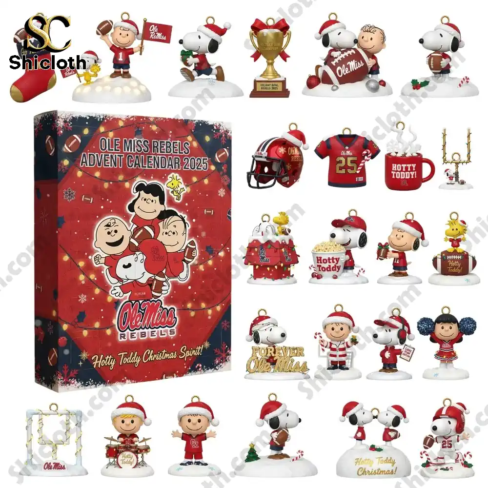Snoopy Ole Miss Rebels Advent Calendar 2025 3 Complete set of Snoopy and Ole Miss Rebels figurines with the Ole Miss Rebels Advent Calendar 2025 box.