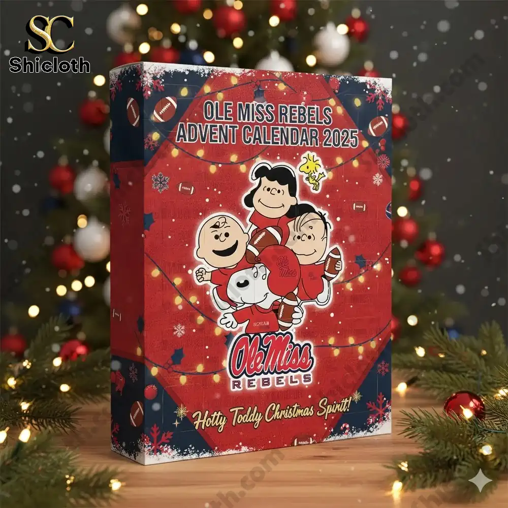 Snoopy Ole Miss Rebels Advent Calendar 2025 4 Ole Miss Rebels Advent Calendar 2025 box displayed beside a lit Christmas tree.