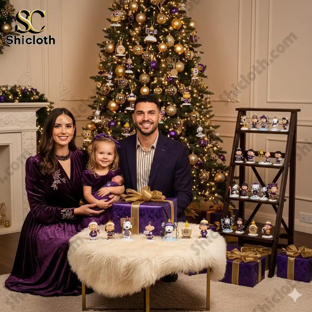 Family celebrating Christmas with LSU Tigers themed decorations and ornaments in purple and gold near Christmas tree!