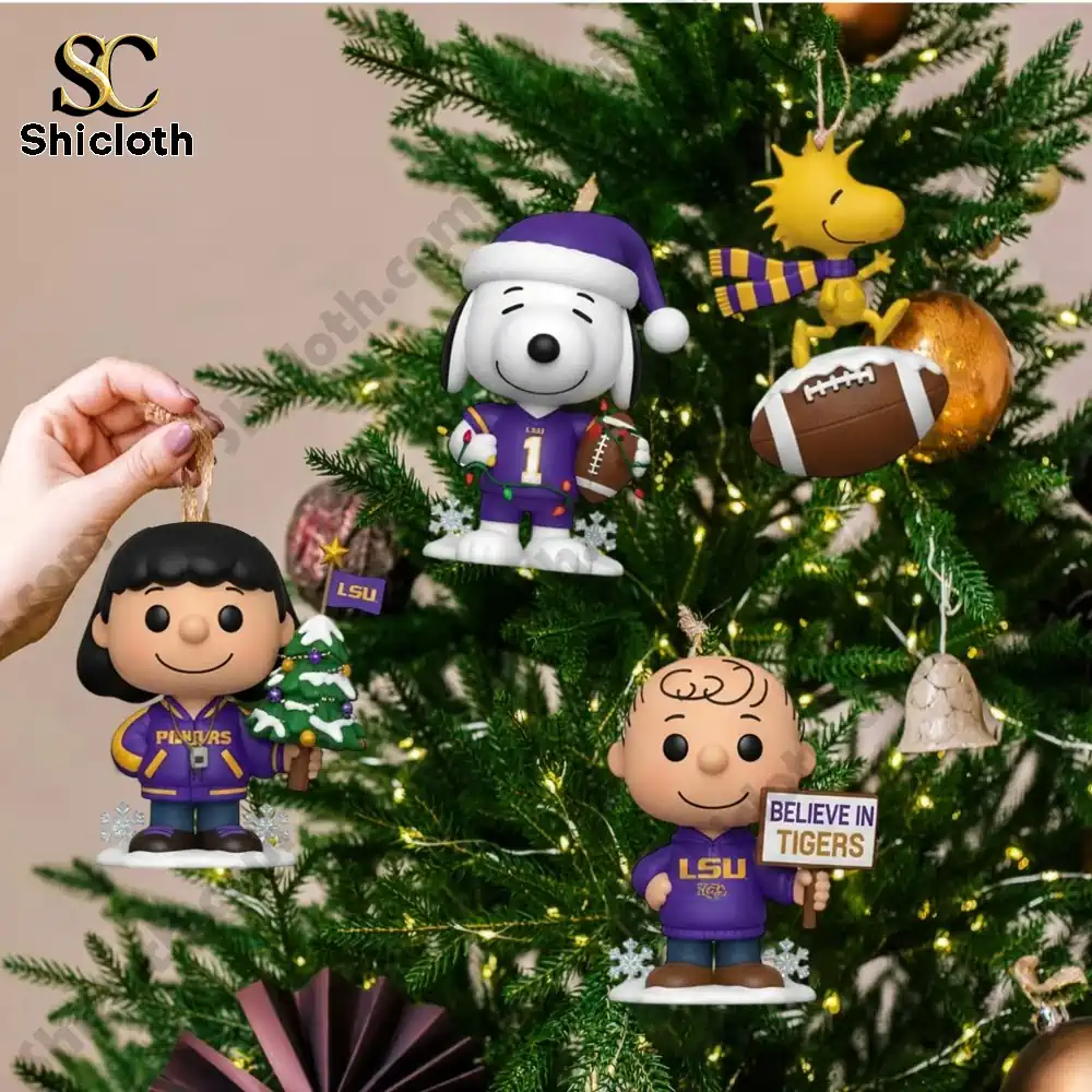Close up of LSU Tigers themed Christmas ornaments featuring Snoopy and friends on a decorated tree!