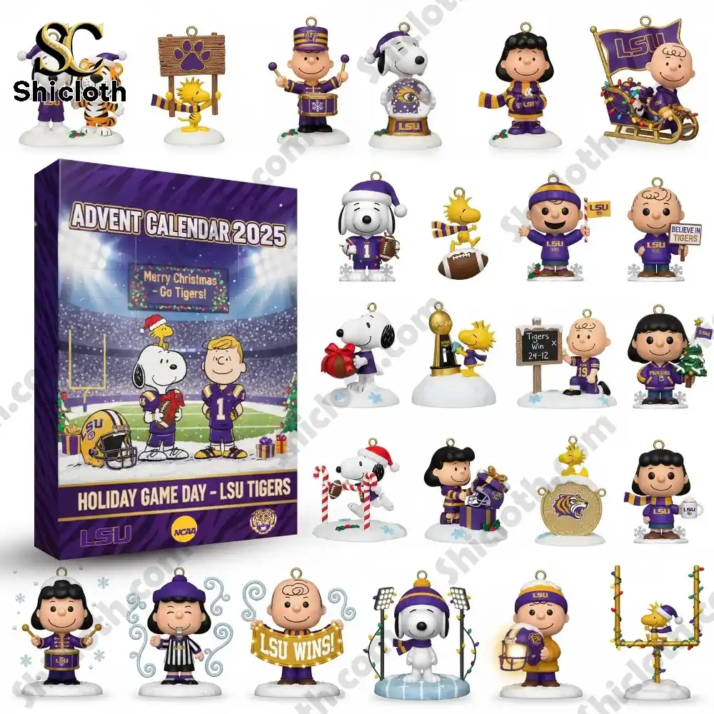 Snoopy Woodstock LSU Tigers Advent Calendar 2025 3 LSU Tigers themed advent calendar 2025 featuring Snoopy and Peanuts characters in holiday outfits!