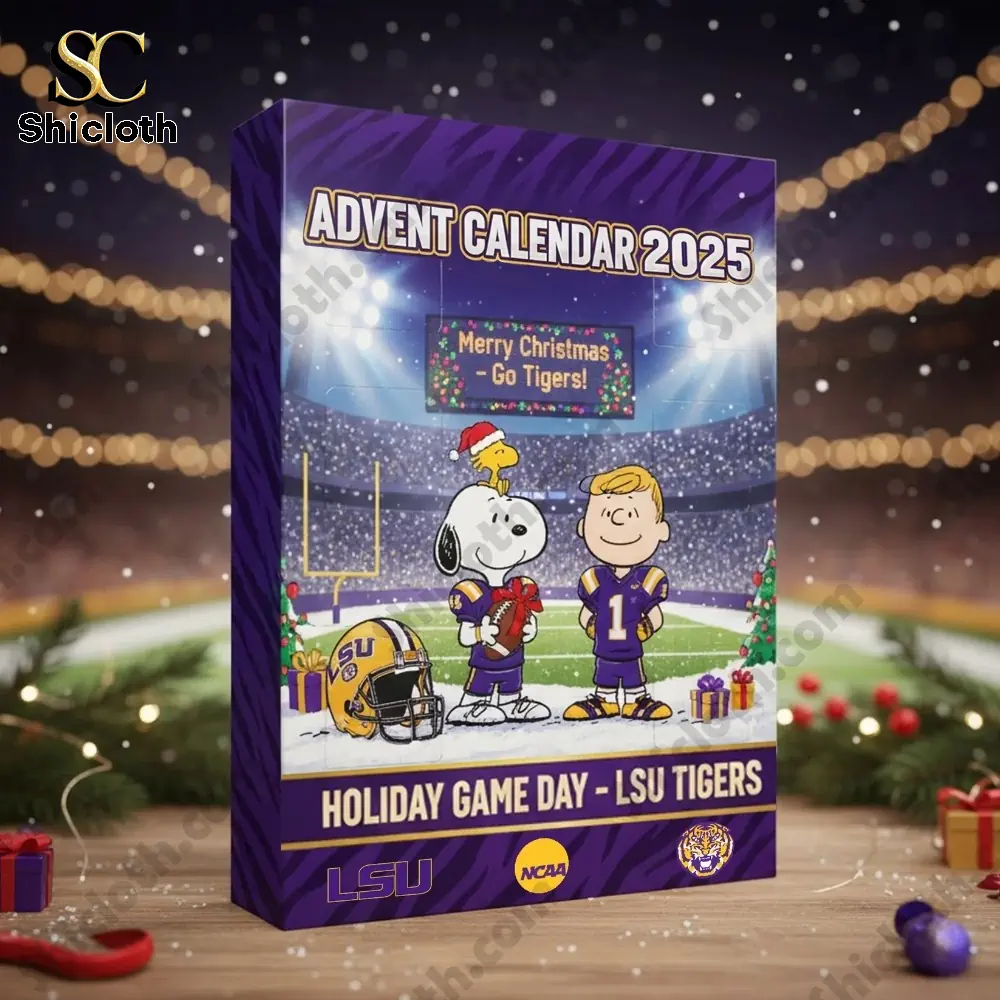 Snoopy Woodstock LSU Tigers Advent Calendar 2025 4 Box of LSU Tigers 2025 Advent Calendar displayed in festive Christmas setting with Snoopy illustration!