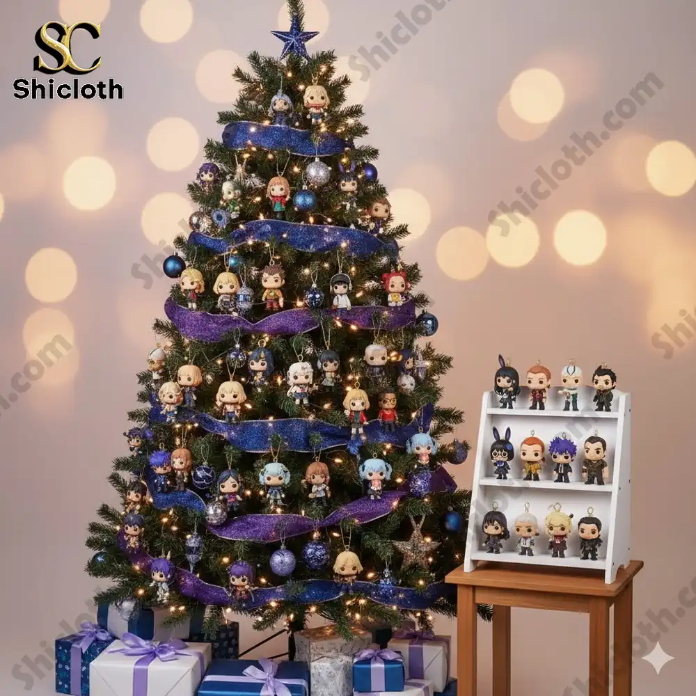 Christmas tree decorated with Solo Leveling character figures and purple ornaments.
