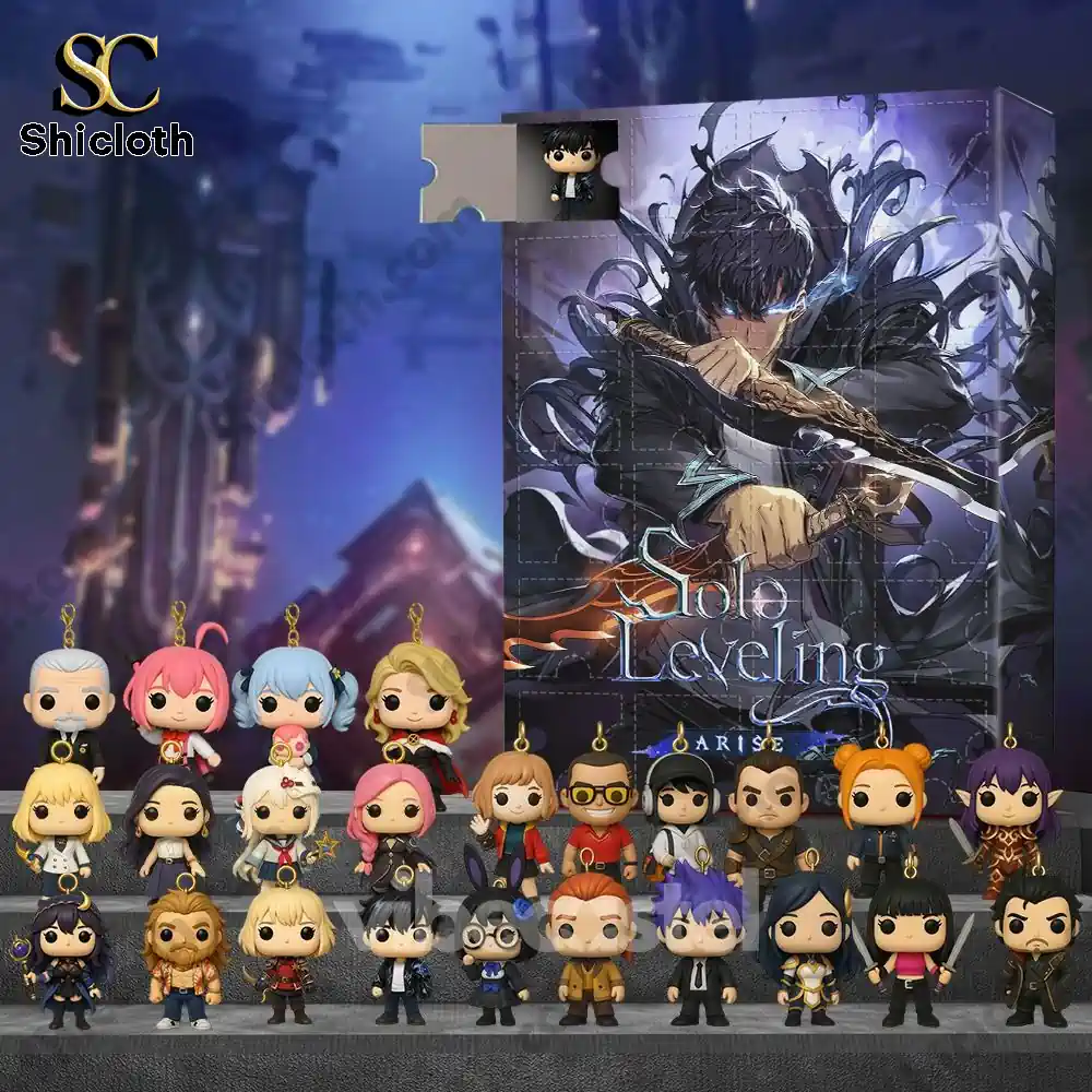 Solo Leveling Advent Calendar with character figures arranged in front of the box.