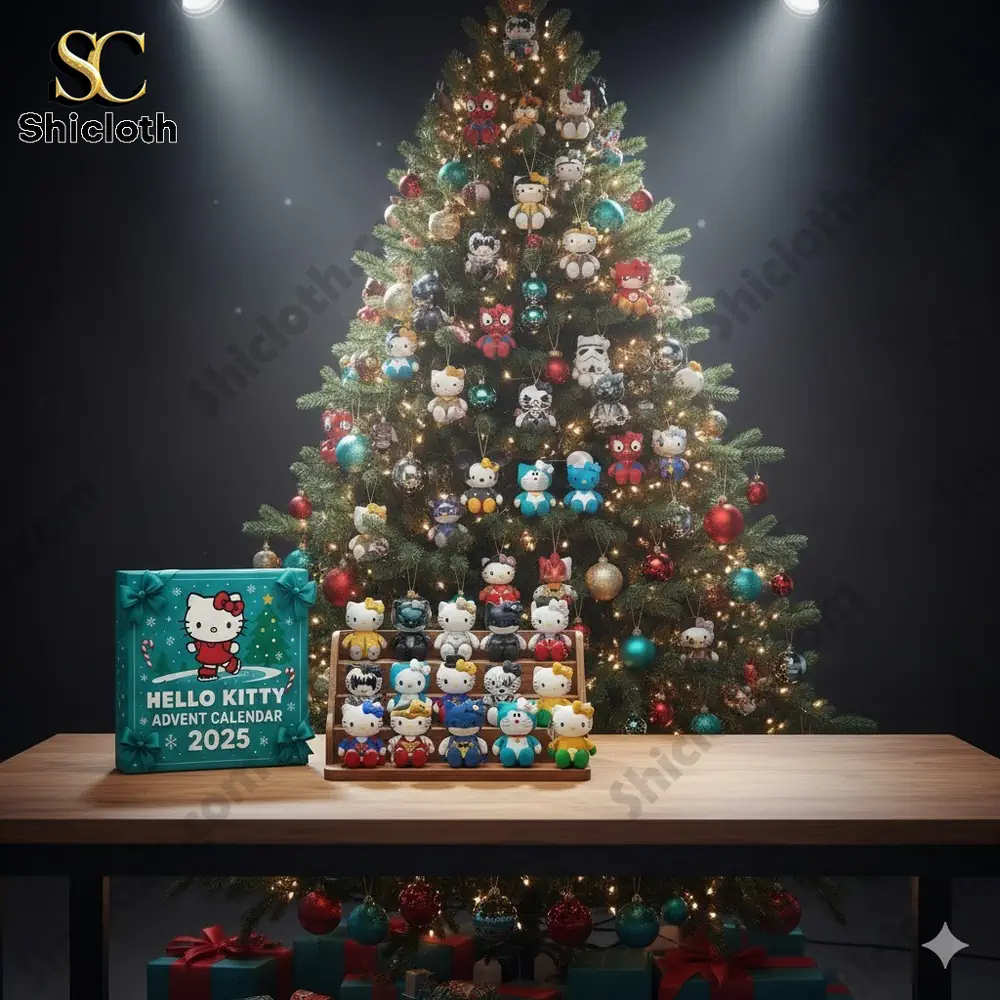 A Christmas tree decorated with Hello Kitty ornaments and the Hello Kitty Advent Calendar 2025 display in front!