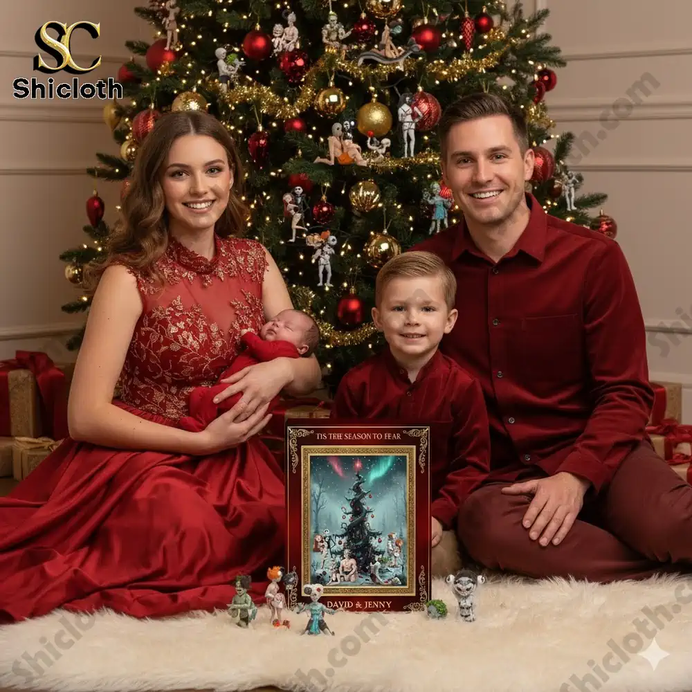 A smiling family dressed in red poses in front of a decorated Christmas tree with the Spooky Love Christmas 2025 Advent Calendar box placed in front of them!