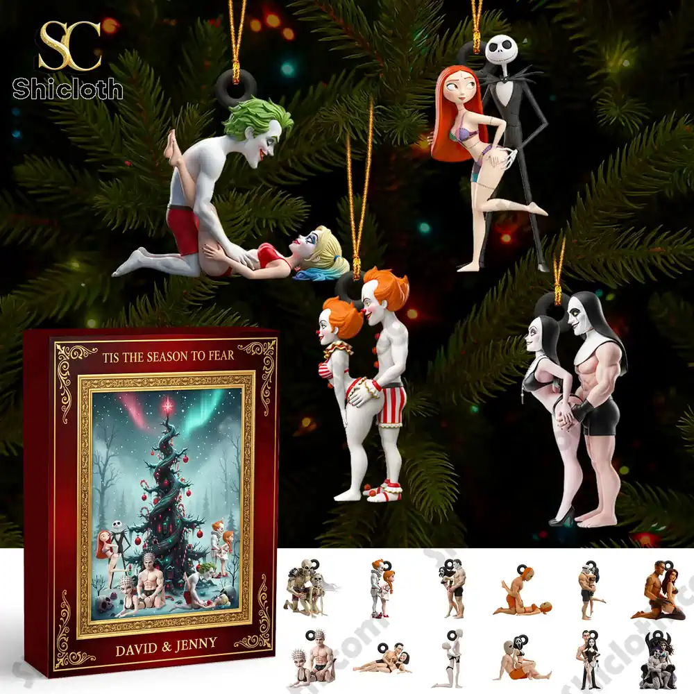 Close up of spooky Christmas ornaments shaped like horror characters with the Spooky Love Christmas 2025 Advent Calendar box!