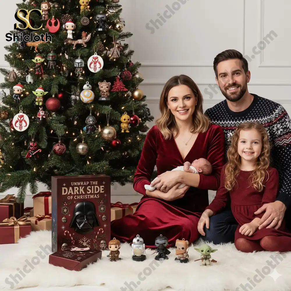 Family sitting by Christmas tree with Star Wars advent calendar and ornaments.