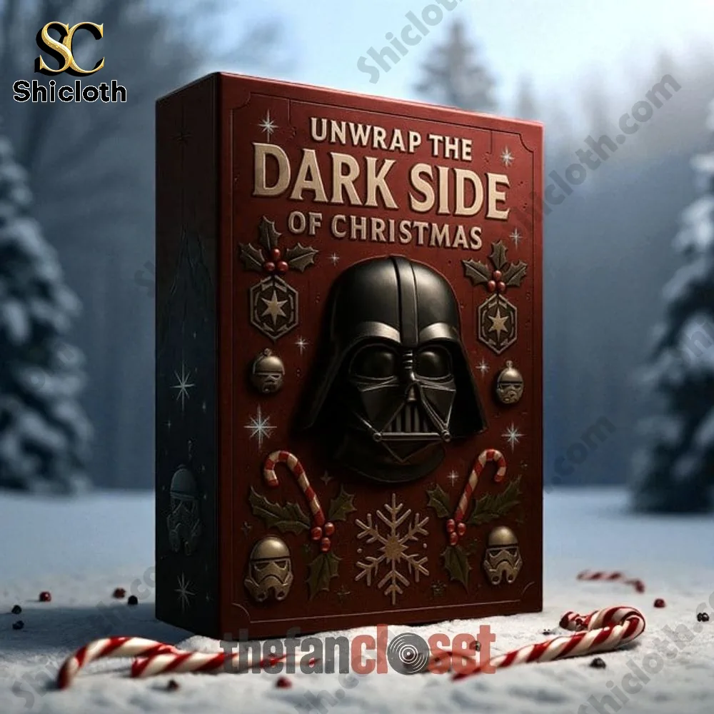Star Wars advent calendar box with Darth Vader design in snowy outdoor setting.