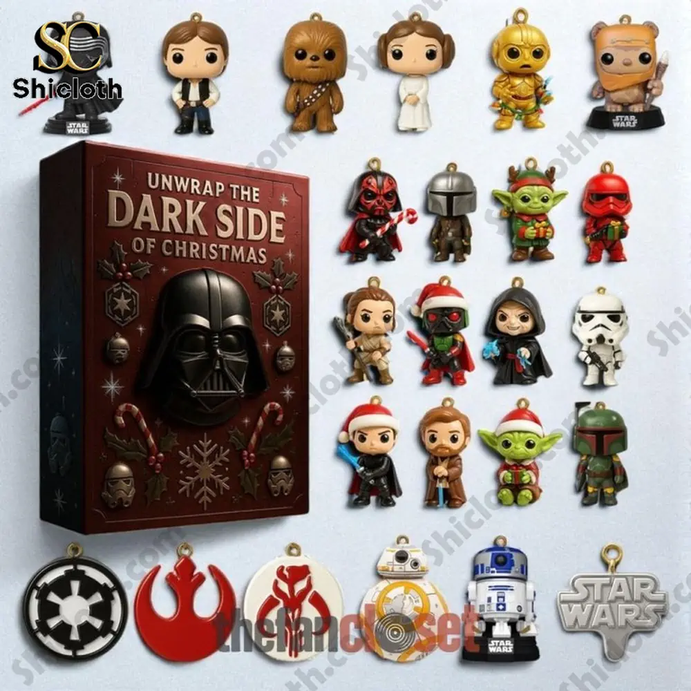 Star Wars Unwrap The Dark Side Of Christmas Advent Calendar 2025 4 Star Wars advent calendar with collectible character ornaments and symbols.