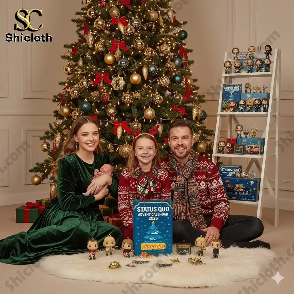 A family sits happily by a Christmas tree with the Status Quo Advent Calendar 2025 from Shicloth displayed in front of them.
