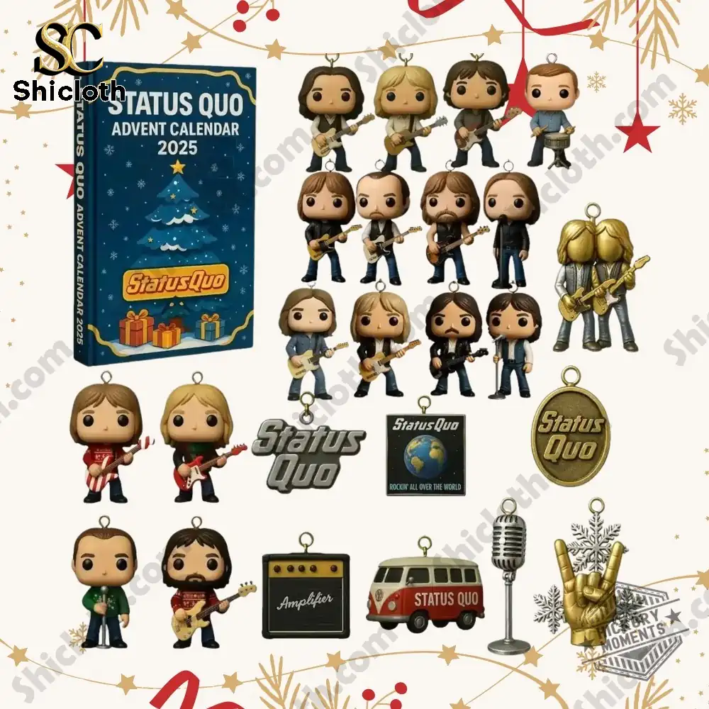 Mini collectible figures and accessories from the Status Quo Advent Calendar 2025 by Shicloth displayed on a festive background.