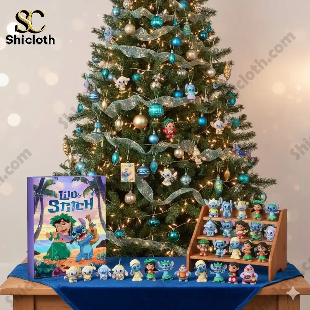 A Christmas tree decorated with blue and gold ornaments and Stitch figurines beside a Lilo and Stitch advent calendar display!