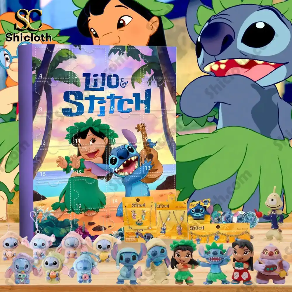 Stitch Collector's 24 Day Advent Calendar Discover the Magic 3 Lilo and Stitch advent calendar box surrounded by small collectible Stitch and Lilo figurines on a wooden surface!
