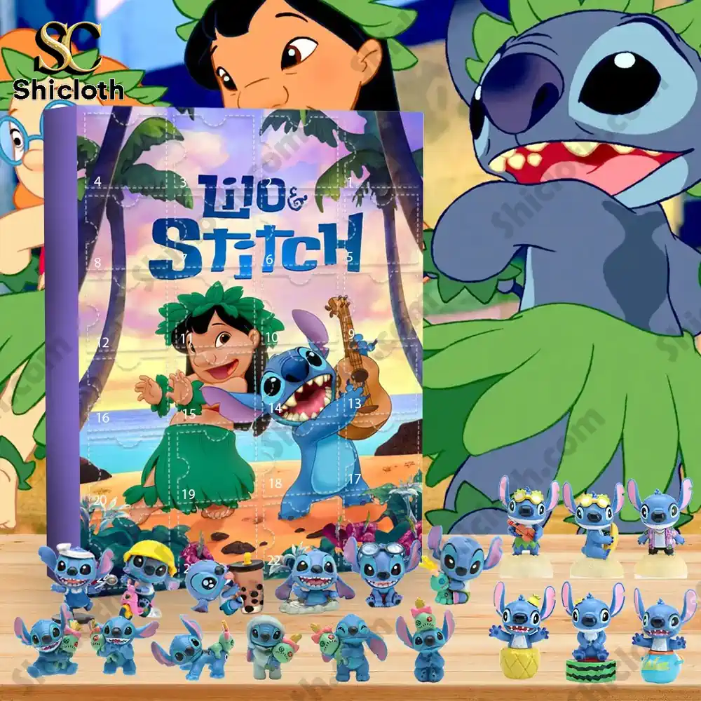 Stitch Collector's 24 Day Advent Calendar Discover the Magic 4 A colorful Lilo and Stitch advent calendar surrounded by multiple Stitch figurines in different poses and outfits!