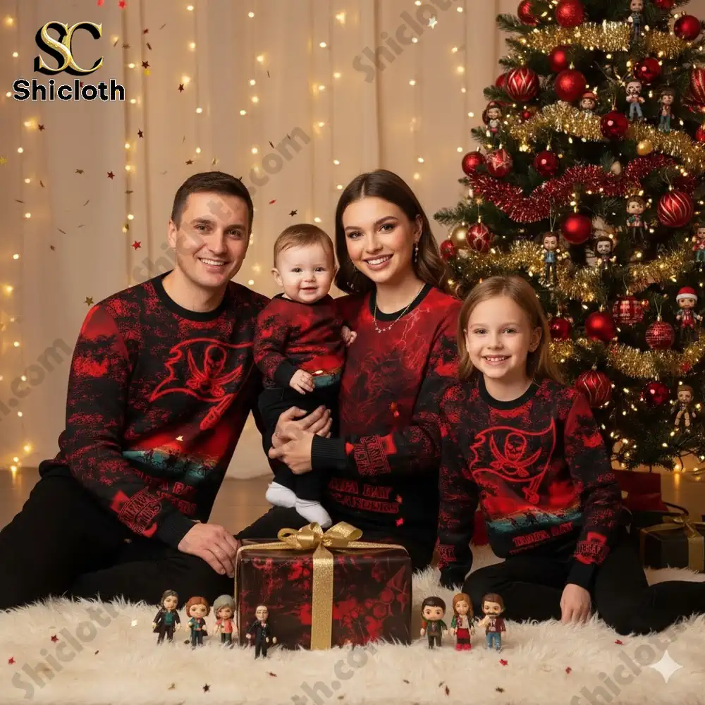 A family celebrates Christmas wearing Tampa Bay Buccaneers Stranger Things themed sweaters near a Christmas tree.