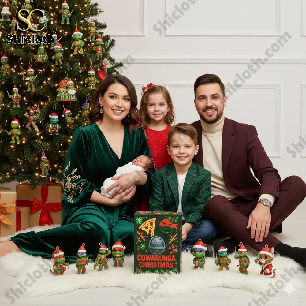 Family posing with Cowabunga Christmas box and Teenage Mutant Ninja Turtles holiday figurines.