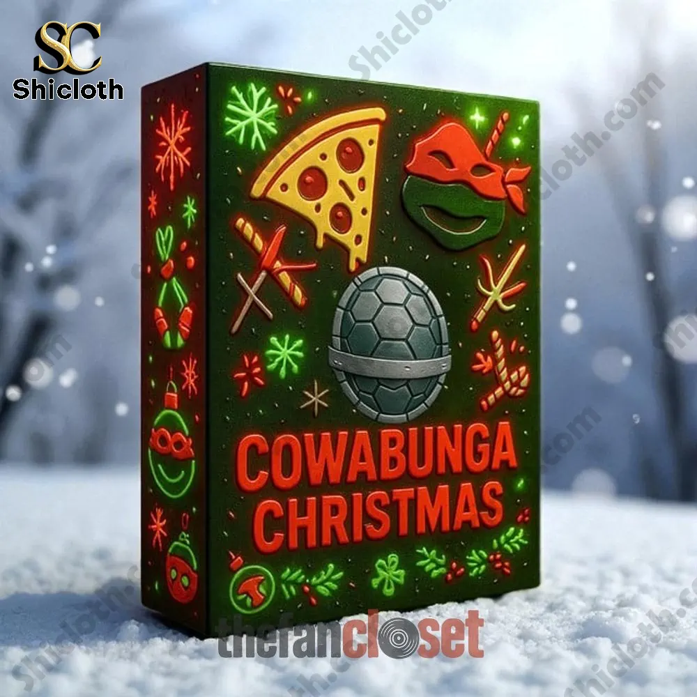 Cowabunga Christmas box with TMNT pizza and turtle shell design.