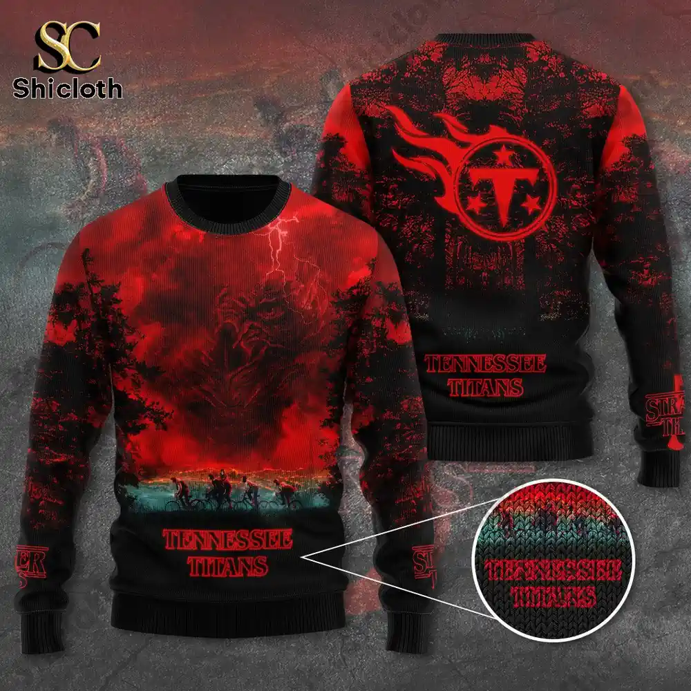 A red and black Tennessee Titans sweater with Stranger Things inspired design shown front and back.