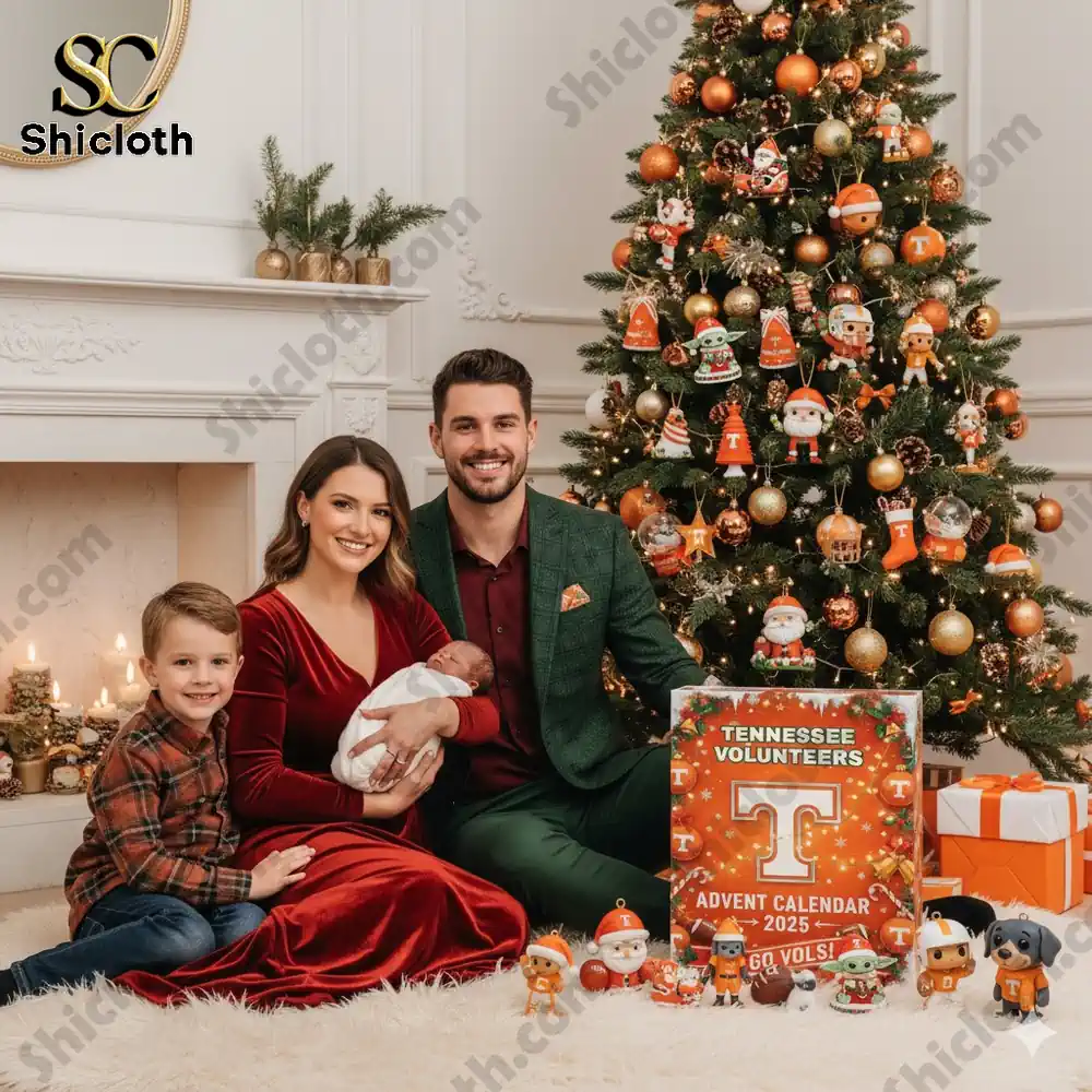 Family sitting by Christmas tree with Tennessee Volunteers Advent Calendar 2025.