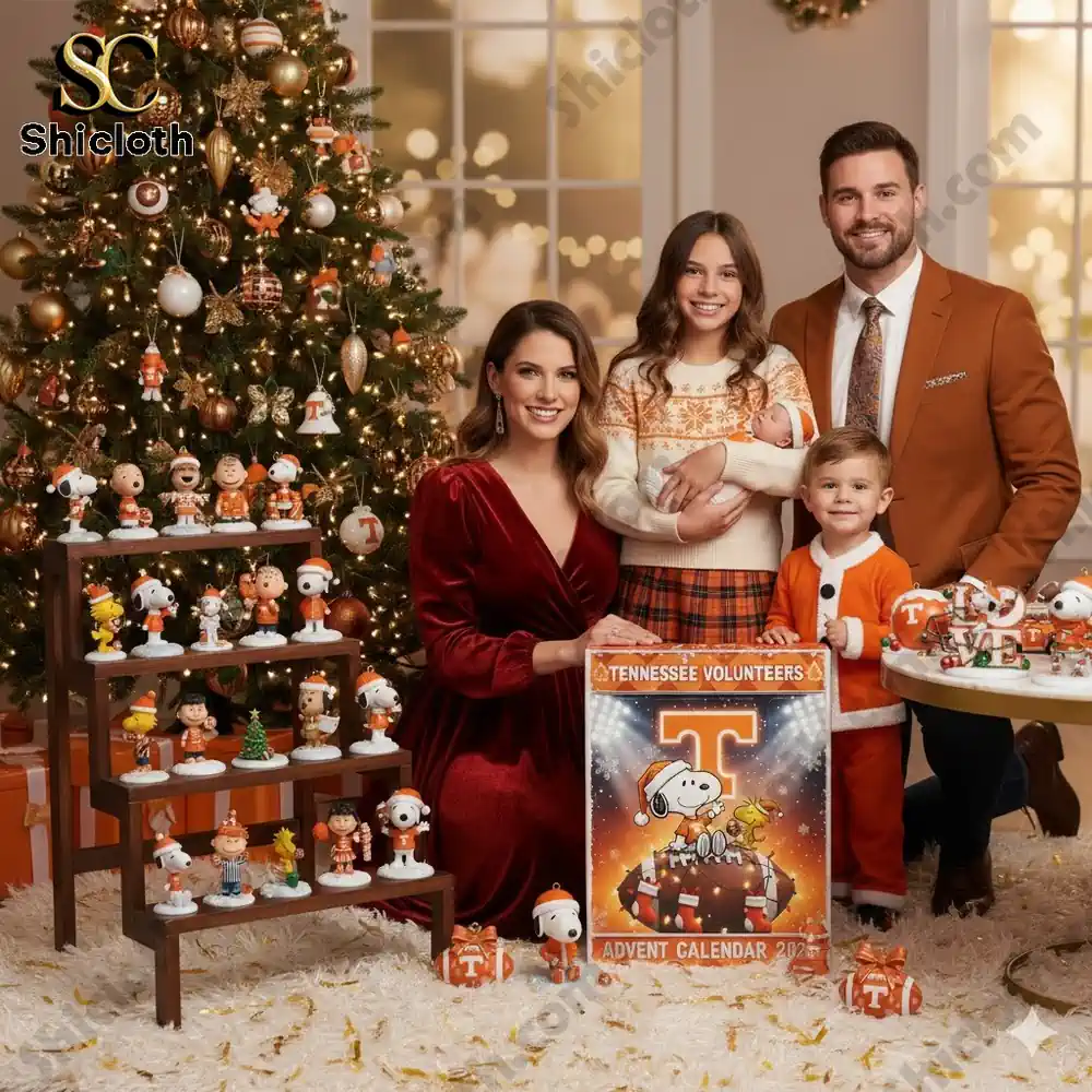 Family celebrating Christmas with Tennessee Volunteers themed decorations and advent calendar in orange and white!