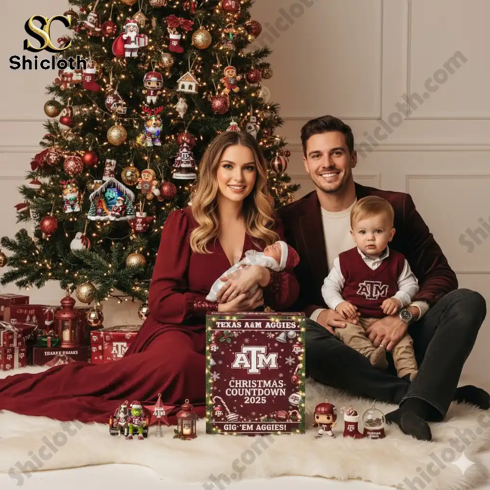 Family sitting by Christmas tree with Texas A&M Aggies advent calendar 2025.