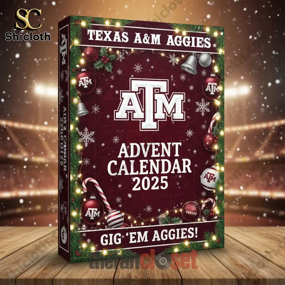 A young family poses in front of a decorated Christmas tree, holding their children while featuring the Texas A&M Aggies Advent Calendar 2025 from Shicloth. The festive setting highlights the holiday spirit and school pride, making it perfect for Aggies fans during the holiday countdown.