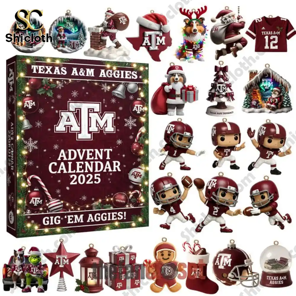 Texas A&M Aggies Christmas 2025 Advent Calendar 3 Texas A&M Aggies Advent Calendar 2025 with collectible ornaments and mini figures.