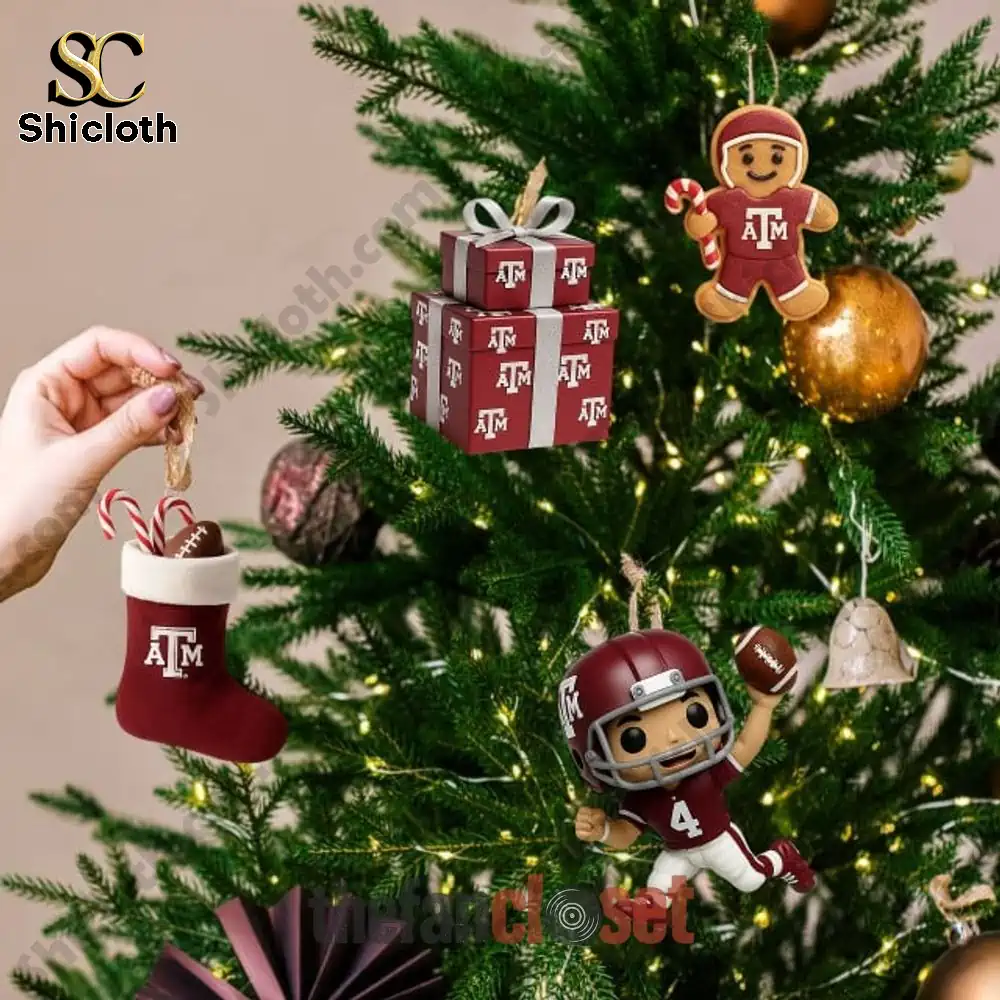 Texas A&M Aggies Christmas 2025 Advent Calendar 4 Christmas tree decorated with Texas A&M Aggies ornaments from advent calendar.