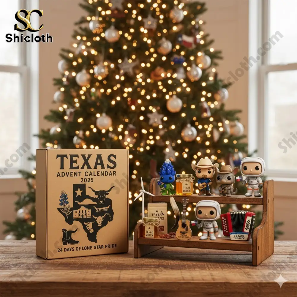 Texas Advent Calendar 2025 displayed with Texas themed mini figures beside a Christmas tree!